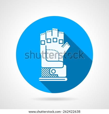 Round blue vector icon with white silhouette paintball glove on gray background with long shadow.