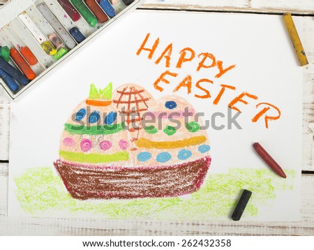 Happy Easter card with basket, eggs - colorful drawing