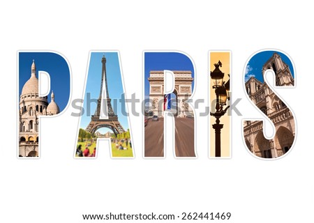 Paris letters with monuments isolated on white background