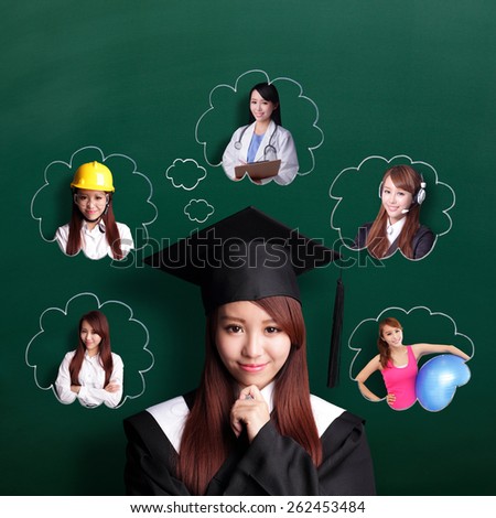 Smile student woman graduating and think her future and job, asian beauty Royalty-Free Stock Photo #262453484