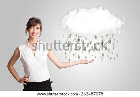 Woman with white cloud and money rain concept