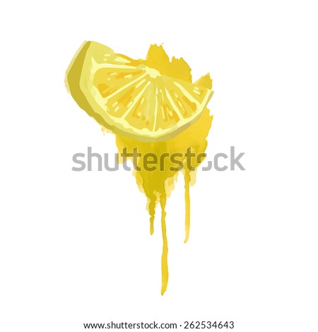 Slice of lemon in a watercolor style with yellow watercolor splashes. Juicy, bright slice. Vector.