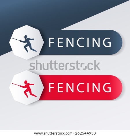 Fencing logo with fencer with foil in blue and red, vector illustration, eps10, easy to edit