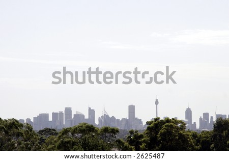Sydney Skyline behind Tree Tops On The Horizon, Australia
