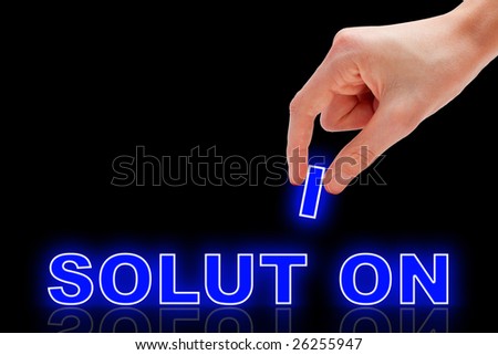 Hand and word Solution, business concept, isolated on black background