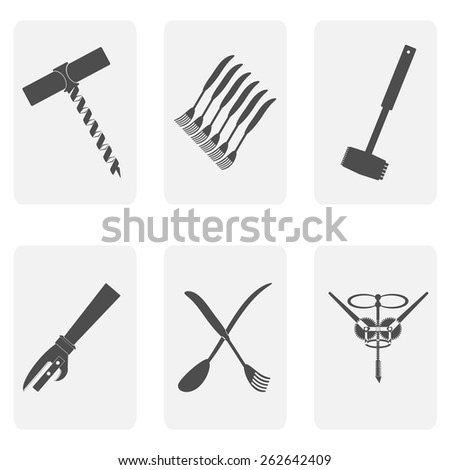 monochrome icon set with corkscrew, forks and spoons
