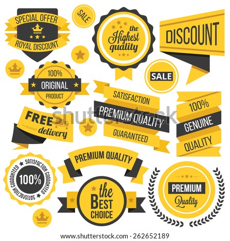 Yellow badges,ribbons and labels set. Vector illustration. Isolated on white background.