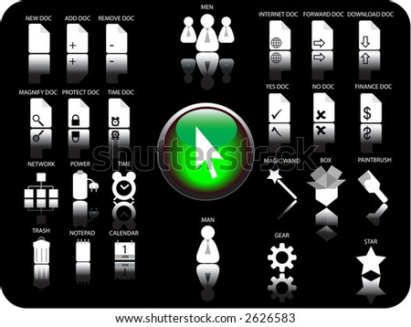 Glossy 3D icon and various other icons with reflection. Theme: Files, Documents, Date and Time and various hardware.
