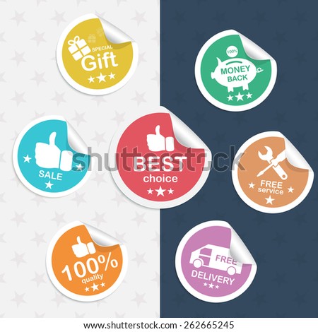 Set realistic sticker: best choice, sale thumb up, 100% quality, gift, free delivery, money back, free service. Vector illustration.