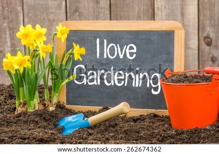 Blackboard in the flower bed with the text I love gardening