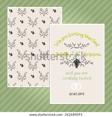 Double sided vintage invitation card for wedding party with cone and pine pattern background. Seamless pattern in swatches. The A6 format card.