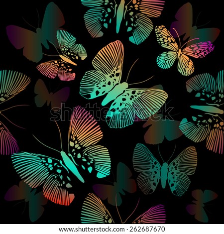 Multicolored butterflies on a black background. Vector