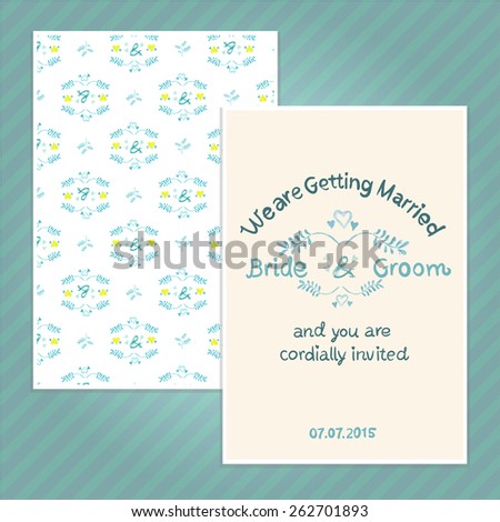 Double sided vintage invitation card for wedding party with ampersand and heart pattern background. Seamless pattern in swatches. The A6 format card.