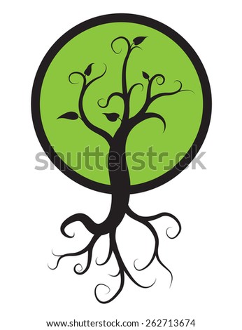 black tree with roots isolated on white background, vector logo