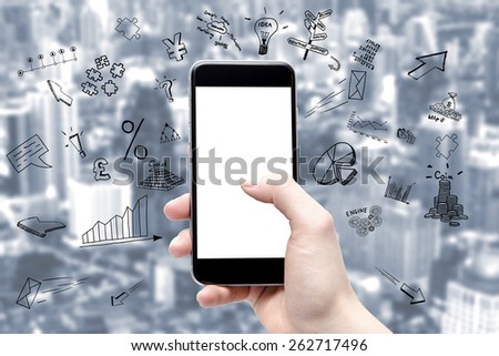 phone in the hand with a blank screen and drawings of a business around