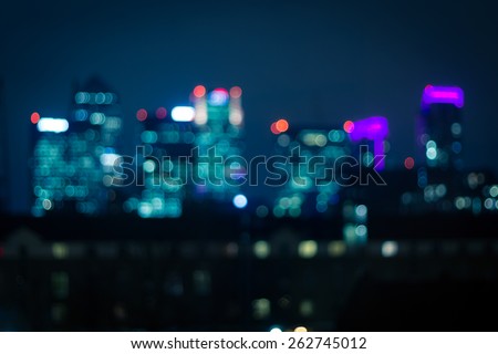 City lights bokeh, financial district skyscrapers 