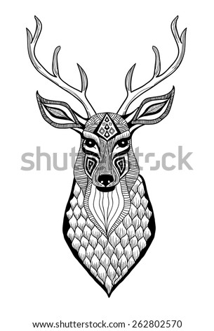 deer head engraving style, vintage illustration, hand drawn