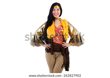 Girl in colourful latino dress isolated on white
