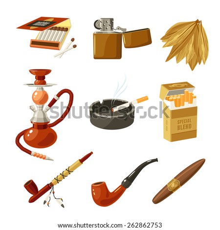 Tobacco and smoking decorative icons set with matches lighter cigarette pack isolated vector illustration