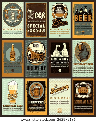 Beer labels set  design contains images of beer mug,beer glass, brewery,anchor,ribbon,helmet,beer bottles, griffin and  escutcheons. Beer labels set. Vintage style.