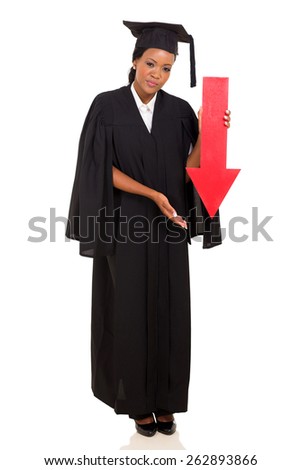 female african college graduate holding red arrow pointing down