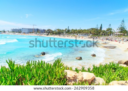 A view of a azzure water and Nissi beach in Aiya Napa, Cyprus Royalty-Free Stock Photo #262909358