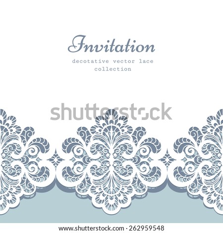 Elegant greeting card or wedding invitation template with lace border ornament, vector lacy background