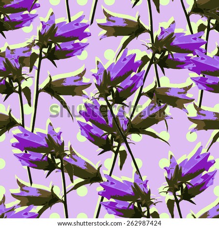 Meadow bell on purple and green dots seamless pattern, wallpaper, background