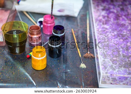 Accessories for ebru marbling art, color inks with brushes