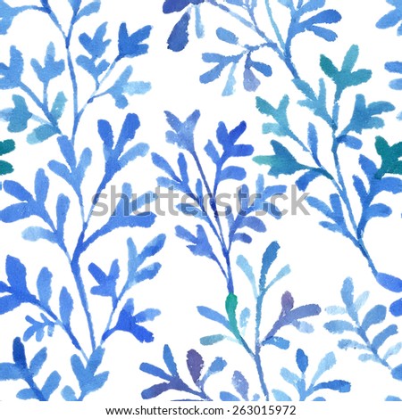 Watercolor branches and leaves fantastic blue. Vector seamless pattern. 