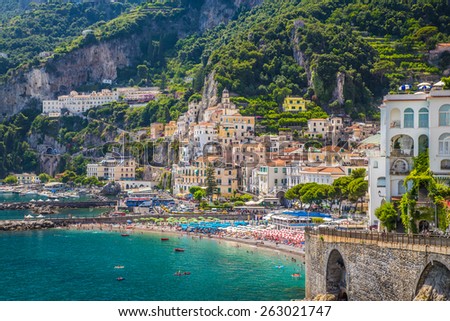 Scenic picture-postcard view of the beautiful town of Amalfi at famous Amalfi Coast with Gulf of Salerno, Campania, Italy