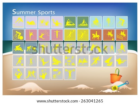 Illustration Collection of 41 Summer Sport Icons on Beach Background. 
