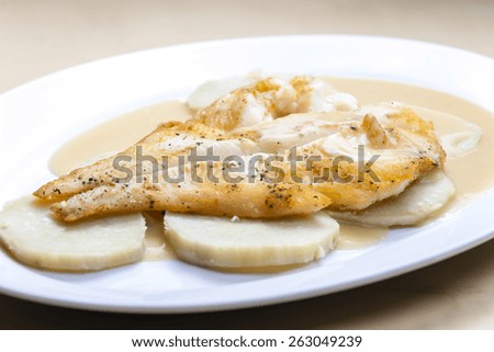 fried halibut with sweet potatoes and lemon sauce