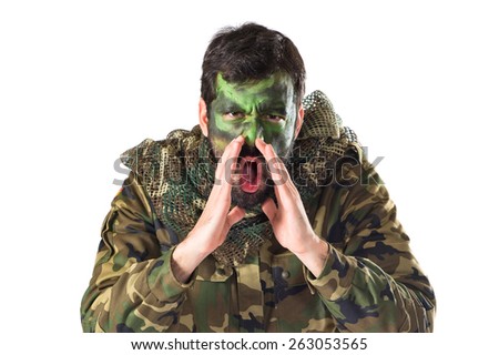 Soldier shouting over white background  