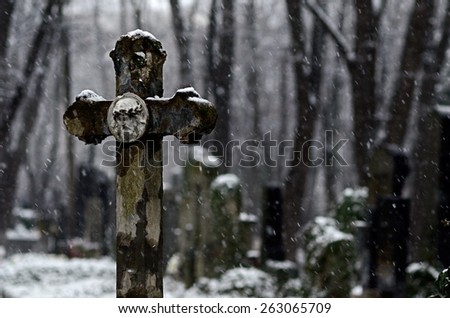 Stormy snow afternoon in a christian cemetery
