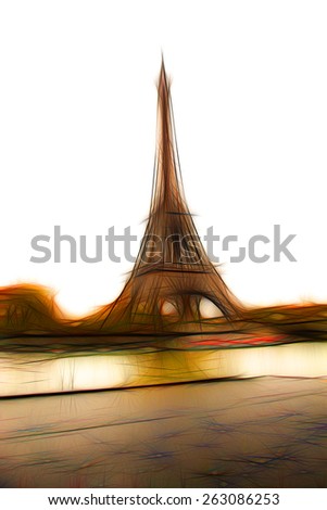 The Eiffel Tower hand drawn illustration. Abstract background in the style of neon