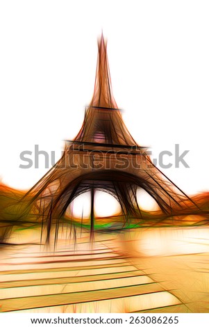 The Eiffel Tower hand drawn illustration. Abstract background in the style of neon