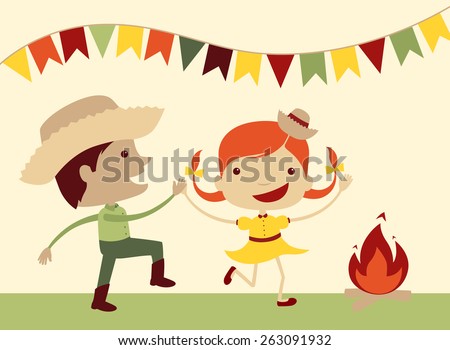 Girl and boy dancing at Brazil's june party. Royalty-Free Stock Photo #263091932