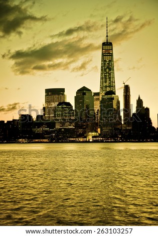 Dramatic lower Manhattan skyline with dark filter