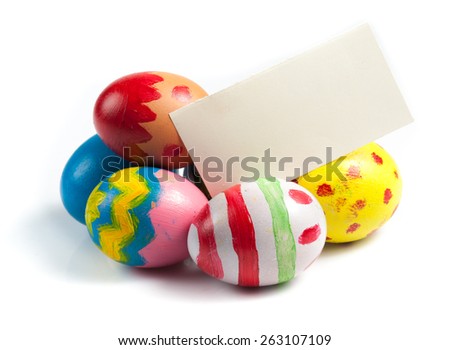 Easter eggs painted on a white background,sheet of paper with space for text