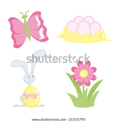 Cartoon icons for Easter design. Set 4 (butterfly, hare, eggs, flower). Vector illustration.