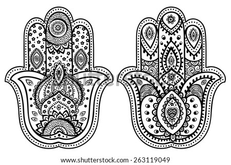 Vector Indian hand drawn hamsa with ethnic ornaments Royalty-Free Stock Photo #263119049