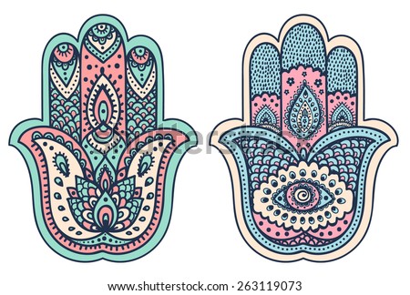 Vector Indian hand drawn hamsa with ethnic ornaments Royalty-Free Stock Photo #263119073