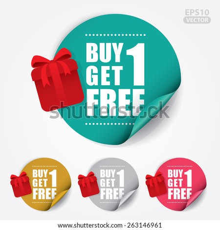 Buy 1 Get 1 Free Sticker and Tag with Gift Box - Vector