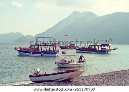 are strolling boats near Cirali beach, Turkish Riviera