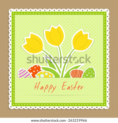 easter congratulation card with yellow tulips and several eggs on green napkin on beige background, textile applique, vector illustration