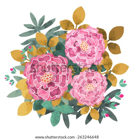 Hand painted watercolor vintage bouquet with roses, flowers and leaves closeup isolated on a white background. Art design element, clip art