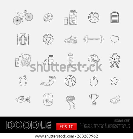 Hand drawn Icon set with various healthy lifestyle elements,bicycle,carrot, orange,grapefruit,juice,milk,sports,apple,pepper,jump rope,sneakers,fish,vitamins,measuring tape,cup,leaf,earth.Sport