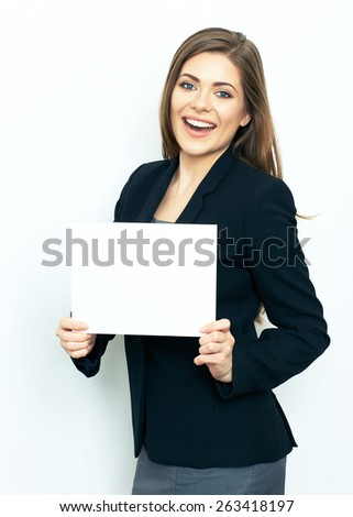 Happy emotional business woman show white sign card. White background. Advertising board.