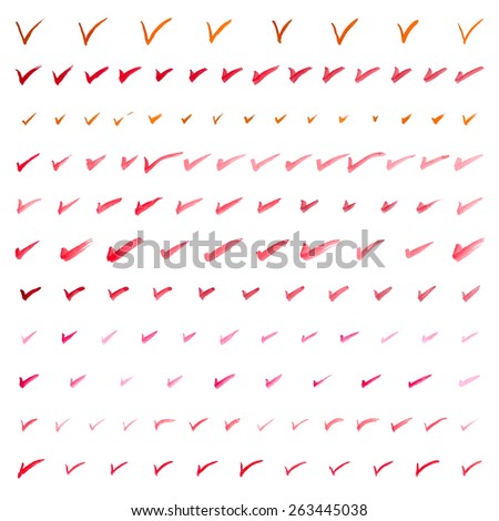 Big set of different watercolor red check marks. Vector illustration